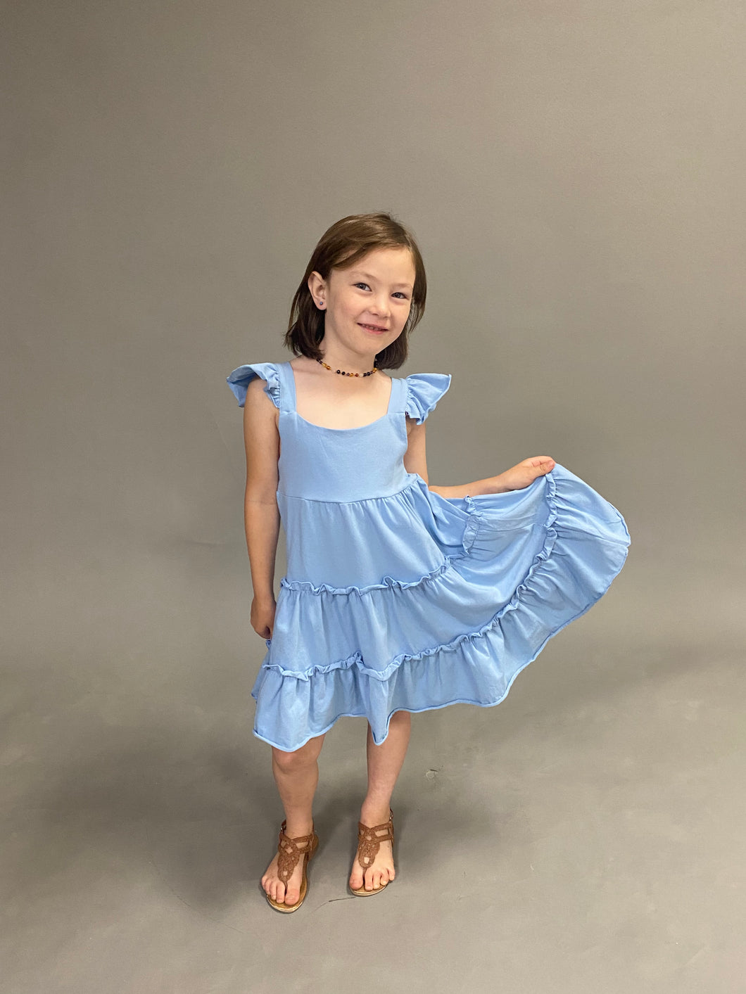 Blue Flutter Sleeve Tiered Dress